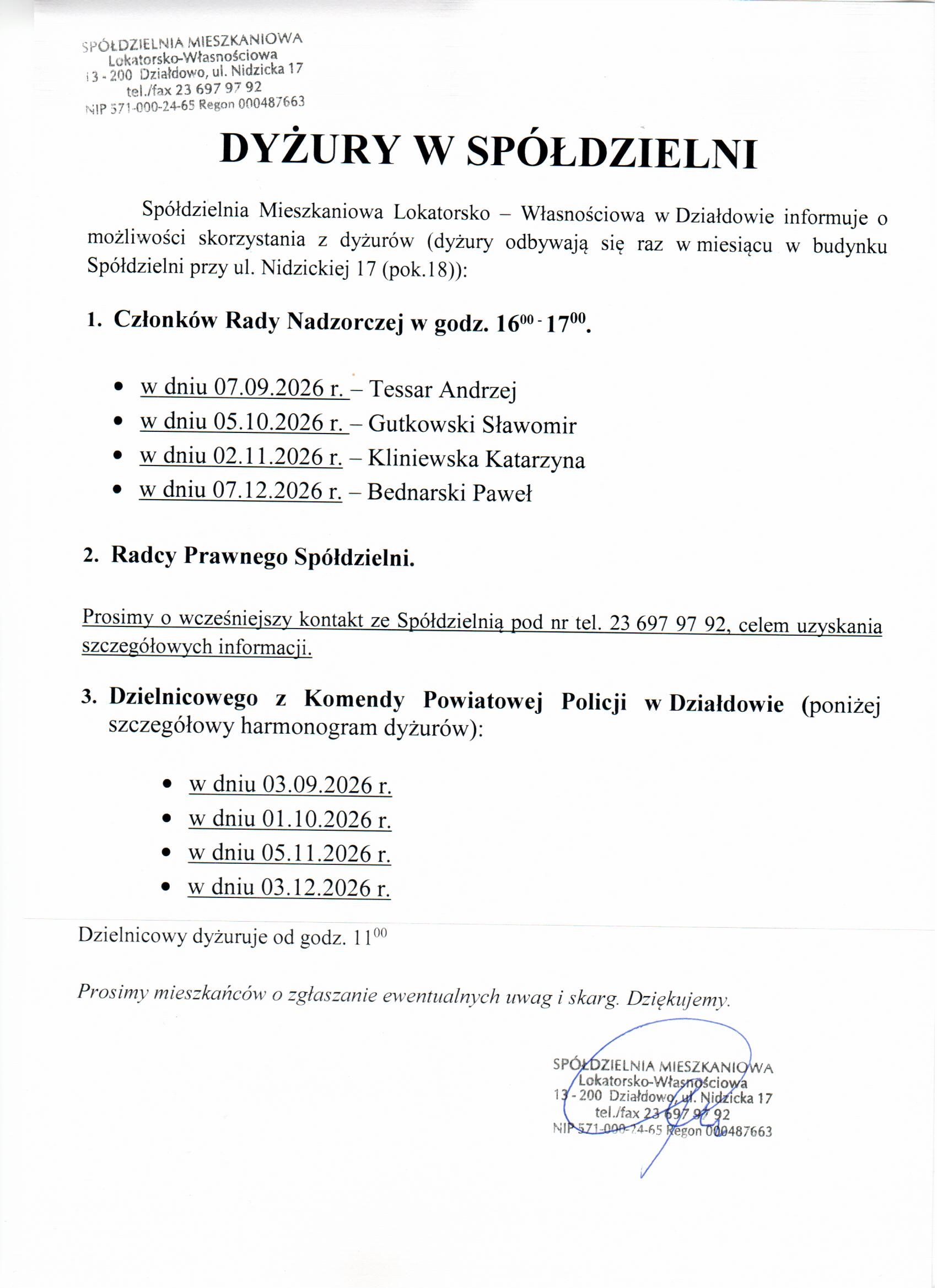 Dyżury w Spółdzielni